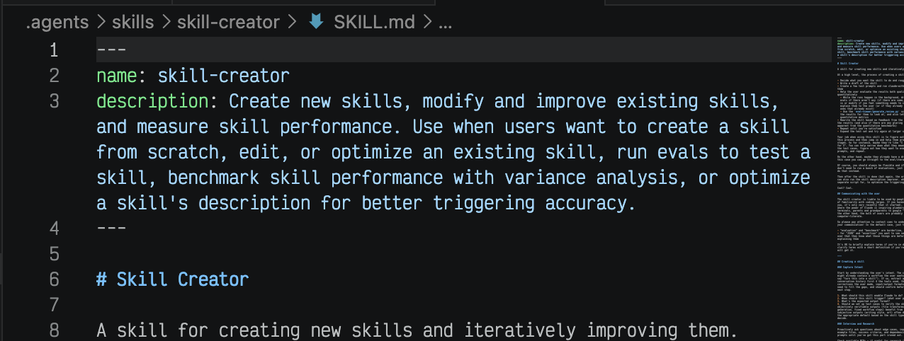 Skill 文件在编辑器中的样子，以及 Skill 列表里出现的形态